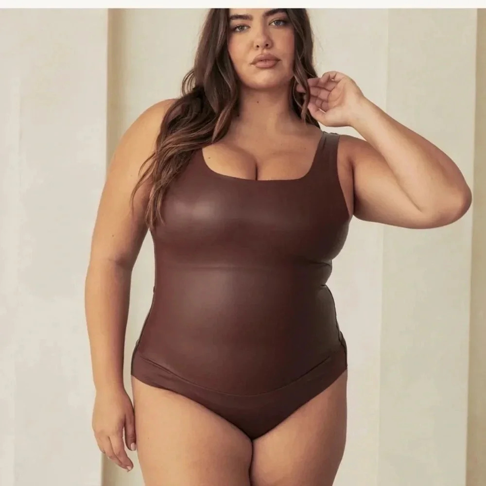 NEW Pinsy Shapewear Brown Faux Leather Bodysuit XL NWT Minimalist Neutral